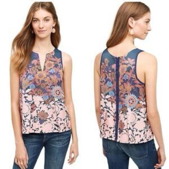 Anthropologie HD Paris Peplum Blouse Blue and Pink Sleeveless size 2 - Picture 3 of 5